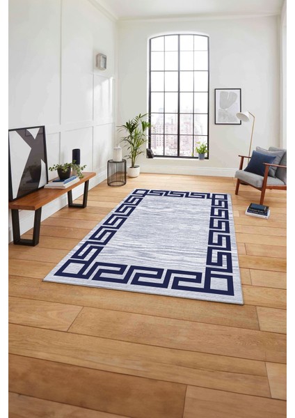 Çerçeveli Geometrik Kenarlı Yıkanabilir Kaymaz Yolluk Mutfak Salon Halısı, Çerçeveli-116-Lacivert,