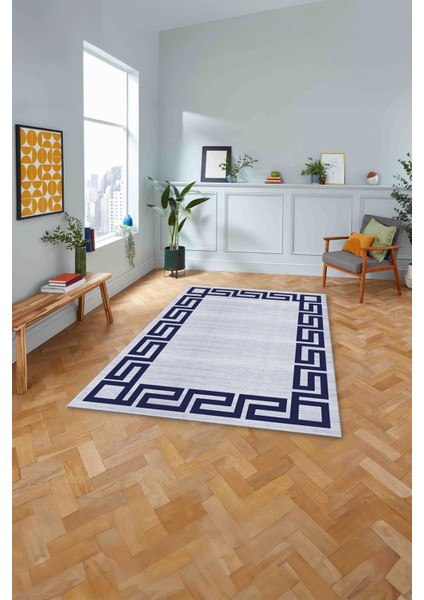 Çerçeveli Geometrik Kenarlı Yıkanabilir Kaymaz Yolluk Mutfak Salon Halısı, Çerçeveli-116-Lacivert, modelleri
