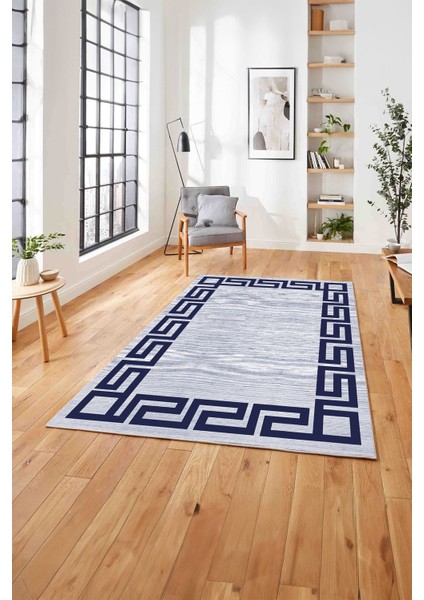 Çerçeveli Geometrik Kenarlı Yıkanabilir Kaymaz Yolluk Mutfak Salon Halısı, Çerçeveli-116-Lacivert, fırsatları
