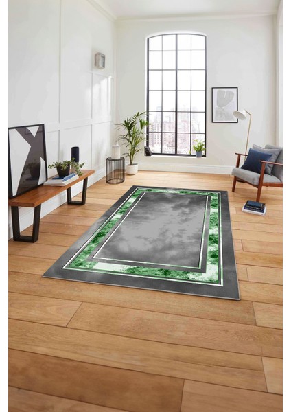 Çerçeveli Modern Dijital Baskılı Yıkanabilir Kaymaz Yolluk Mutfak Salon Halısı, Çerçeveli-117-Yeşil,