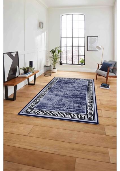 Çerçeveli Klasik Modern Baskılı Yıkanabilir Kaymaz Yolluk Mutfak Salon Halısı,Çerçeveli106-Lacivert,