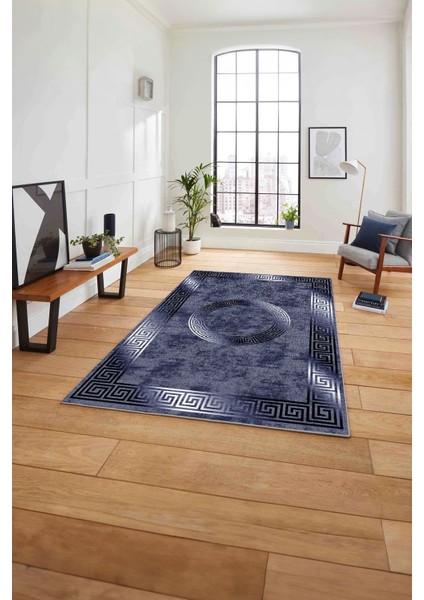Çerçeveli Modern Göbekli Desen Yıkanabilir Kaymaz Yolluk Mutfak Salon Halısı,Çerçeveli-111-Lacivert,