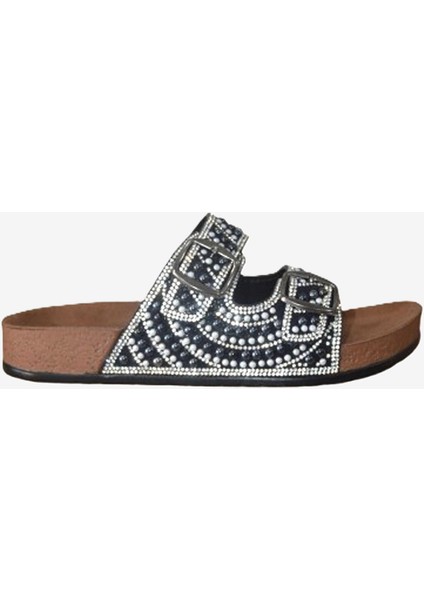 Hazel Siyah Çift Bantlı Comfort Boncuk Aksesuarlı Terlik