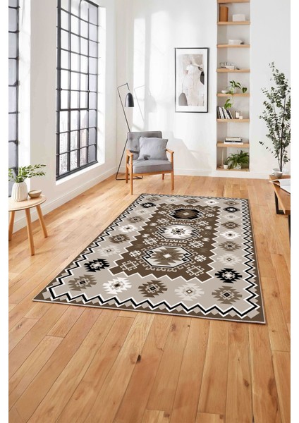 Baskılı Etnik Otantik Desen Yıkanabilir Kaymaz Yolluk Mutfak Salon Halısı, Etnik-23-Kahve,