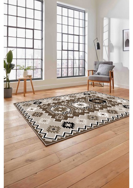 Baskılı Etnik Otantik Desen Yıkanabilir Kaymaz Yolluk Mutfak Salon Halısı, Etnik-23-Kahve,