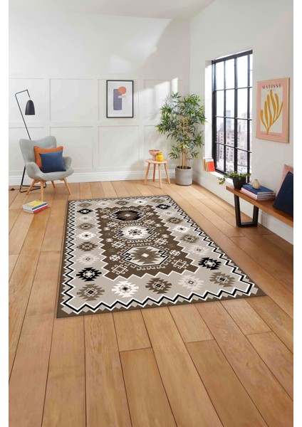 Baskılı Etnik Otantik Desen Yıkanabilir Kaymaz Yolluk Mutfak Salon Halısı, Etnik-23-Kahve,