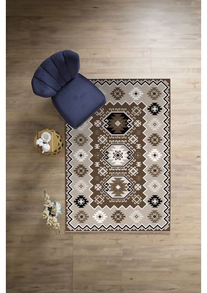 Baskılı Etnik Otantik Desen Yıkanabilir Kaymaz Yolluk Mutfak Salon Halısı, Etnik-23-Kahve,