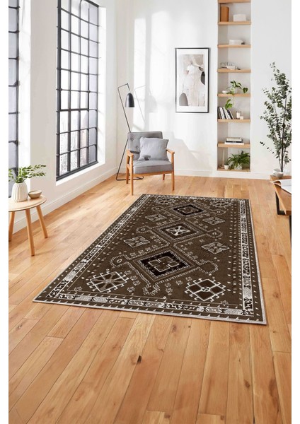 Etnik Geleneksel Desen Görünümlü Yıkanabilir Kaymaz Yolluk Mutfak Salon Halısı, Etnik-24-Kahve,