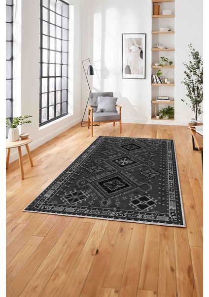 Etnik Geleneksel Desen Görünümlü Yıkanabilir Kaymaz Yolluk Mutfak Salon Halısı, Etnik-24-Gri,
