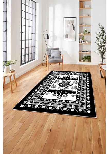 Etnik Afgan Model Dijital Baskılı Yıkanabilir Kaymaz Yolluk Mutfak Salon Halısı, Etnik-31-Gri,