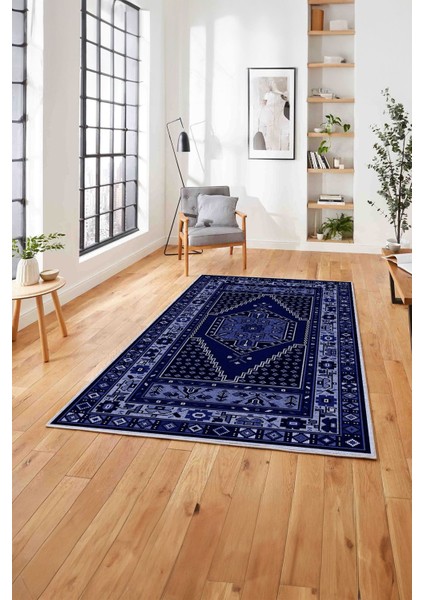 Baskılı Etnik Klasik Model Yıkanabilir Kaymaz Yolluk Mutfak Salon Halısı, Etnik-33-Lacivert,