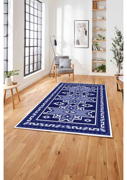Etnik Eskitme Model Dijital Baskı Yıkanabilir Kaymaz Yolluk Mutfak Salon Halısı, Etnik-28-Lacivert,