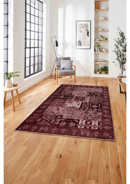 Baskılı Etnik Modern Desen Yıkanabilir Kaymaz Yolluk Mutfak Salon Halısı, Etnik-43-Bordo,