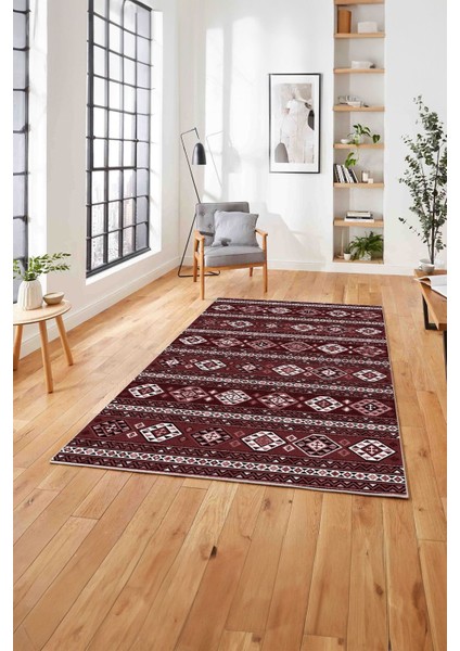 Baskılı Etnik Geleneksel Klasik Yıkanabilir Kaymaz Yolluk Mutfak Salon Halısı, Etnik-40-Bordo,