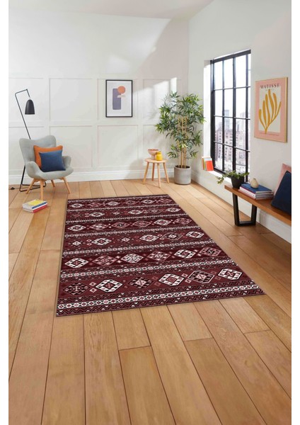 Baskılı Etnik Geleneksel Klasik Yıkanabilir Kaymaz Yolluk Mutfak Salon Halısı, Etnik-40-Bordo, modelleri