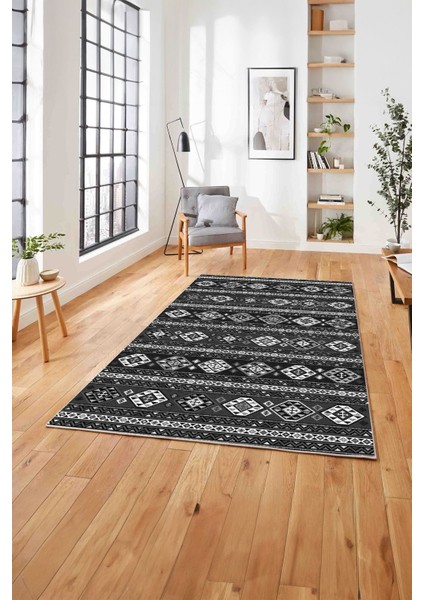 Baskılı Etnik Geleneksel Klasik Yıkanabilir Kaymaz Yolluk Mutfak Salon Halısı, Etnik-40-Gri,
