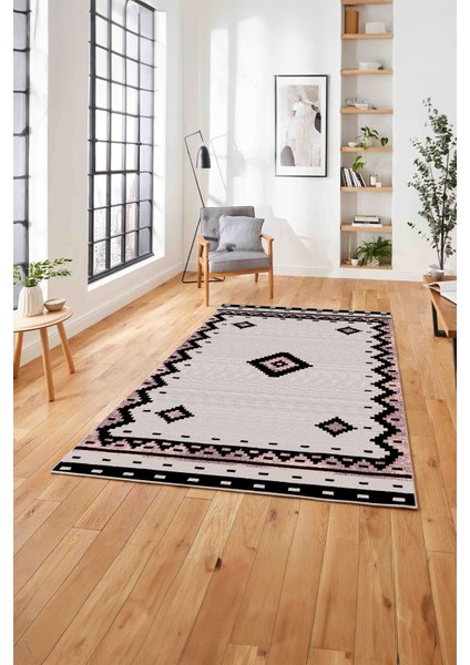 Baskılı Etnik Sade Model Yıkanabilir Kaymaz Yolluk Mutfak Salon Halısı, Etnik-22-Pembe,