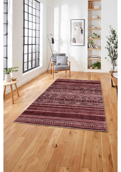 Baskılı Etnik Sade Desen Yıkanabilir Kaymaz Yolluk Mutfak Salon Halısı, Etnik-38-Bordo,