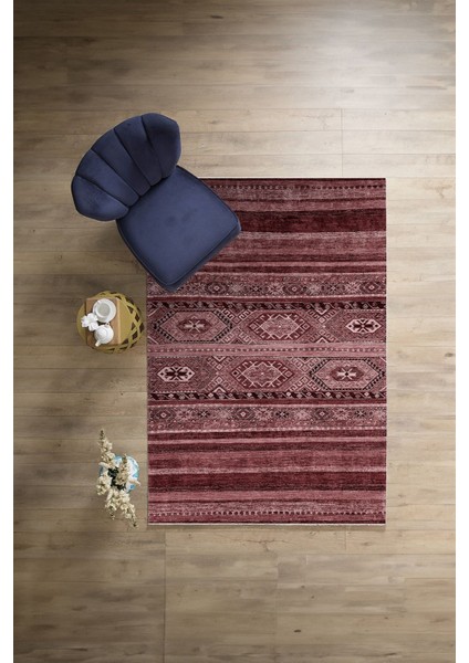 Baskılı Etnik Sade Desen Yıkanabilir Kaymaz Yolluk Mutfak Salon Halısı, Etnik-38-Bordo, indirimleri