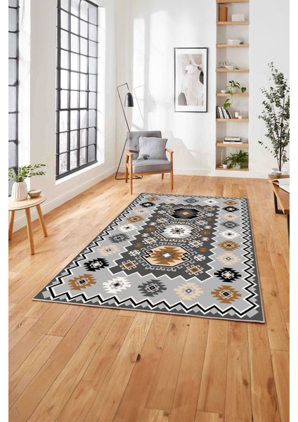 Baskılı Etnik Otantik Desen Yıkanabilir Kaymaz Yolluk Mutfak Salon Halısı, Etnik-23-Antrasit,