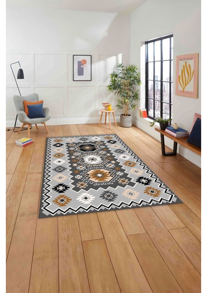 Baskılı Etnik Otantik Desen Yıkanabilir Kaymaz Yolluk Mutfak Salon Halısı, Etnik-23-Antrasit, modelleri