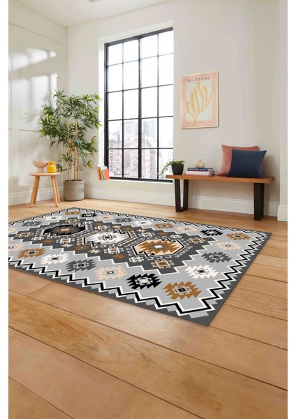 Baskılı Etnik Otantik Desen Yıkanabilir Kaymaz Yolluk Mutfak Salon Halısı, Etnik-23-Antrasit, fırsatları