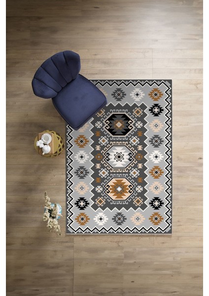 Baskılı Etnik Otantik Desen Yıkanabilir Kaymaz Yolluk Mutfak Salon Halısı, Etnik-23-Antrasit, indirimleri