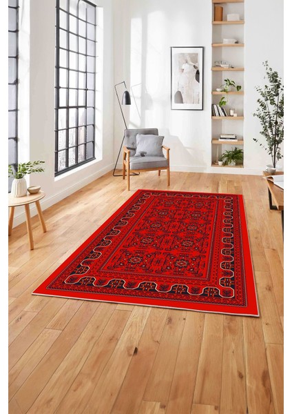 Etnik Afgan Desen Dijital Baskılı Yıkanabilir Kaymaz Yolluk Mutfak Salon Halısı, Etnik-42-Kırmızı,