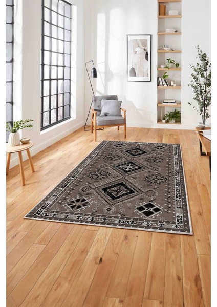 Etnik Geleneksel Desen Görünümlü Yıkanabilir Kaymaz Yolluk Mutfak Salon Halısı, Etnik-24-Vizon,