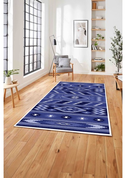 Etnik Kilim Desen Görünümlü Yıkanabilir Kaymaz Yolluk Mutfak Salon Halısı, Etnik-25-Mavi,