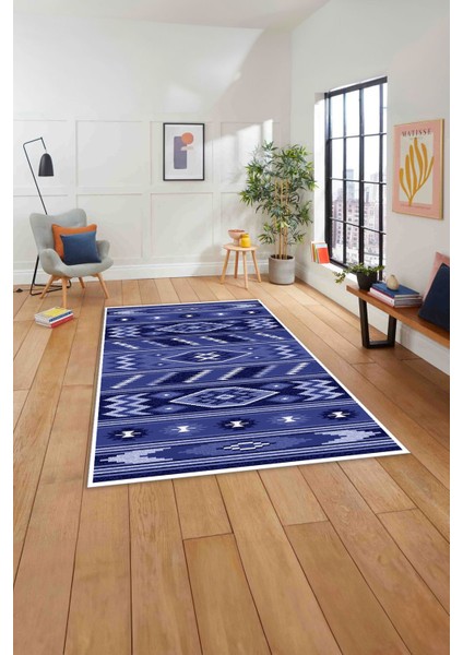 Etnik Kilim Desen Görünümlü Yıkanabilir Kaymaz Yolluk Mutfak Salon Halısı, Etnik-25-Mavi, modelleri
