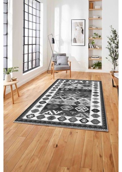 Etnik Kilim Model Dijital Baskılı Yıkanabilir Kaymaz Yolluk Mutfak Salon Halısı, Etnik-30-Gri,