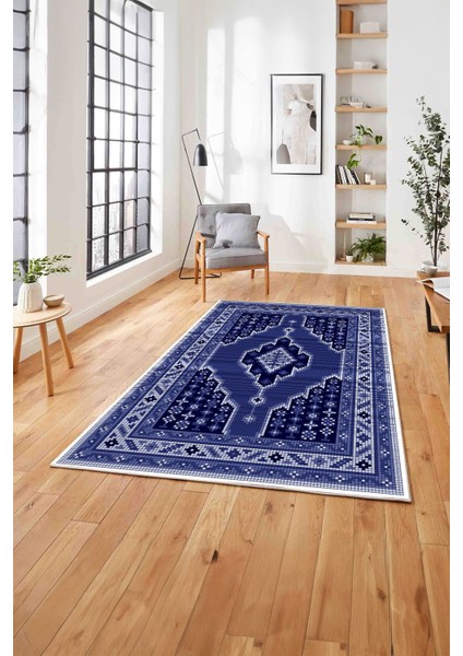 Baskılı Etnik Afgan Desenli Yıkanabilir Kaymaz Yolluk Mutfak Salon Halısı, Etnik-34-Lacivert,