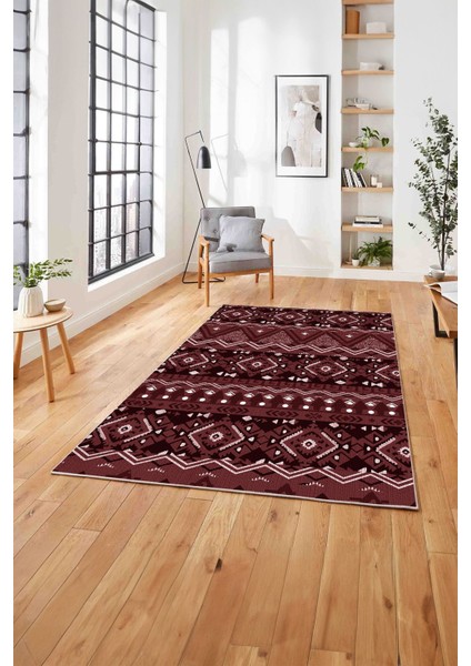 Baskılı Etnik Geometrik Modelli Yıkanabilir Kaymaz Yolluk Mutfak Salon Halısı, Etnik-37-Bordo,