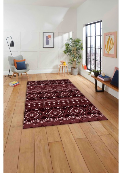 Baskılı Etnik Geometrik Modelli Yıkanabilir Kaymaz Yolluk Mutfak Salon Halısı, Etnik-37-Bordo, modelleri