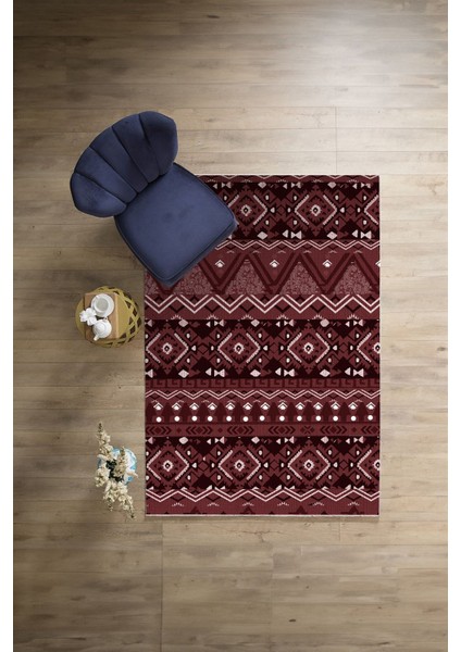 Baskılı Etnik Geometrik Modelli Yıkanabilir Kaymaz Yolluk Mutfak Salon Halısı, Etnik-37-Bordo, indirimleri