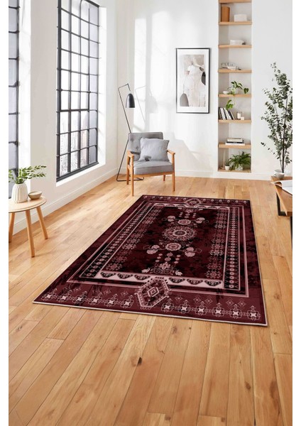 Baskılı Etnik Vektörel Desenli Yıkanabilir Kaymaz Yolluk Mutfak Salon Halısı, Etnik-35-Bordo,