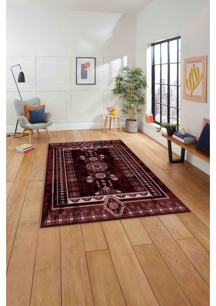Baskılı Etnik Vektörel Desenli Yıkanabilir Kaymaz Yolluk Mutfak Salon Halısı, Etnik-35-Bordo, modelleri
