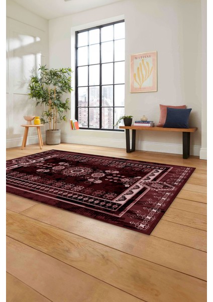 Baskılı Etnik Vektörel Desenli Yıkanabilir Kaymaz Yolluk Mutfak Salon Halısı, Etnik-35-Bordo, fırsatları