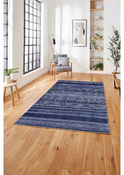 Baskılı Etnik Sade Desen Yıkanabilir Kaymaz Yolluk Mutfak Salon Halısı, Etnik-38-Lacivert,