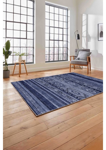 Baskılı Etnik Sade Desen Yıkanabilir Kaymaz Yolluk Mutfak Salon Halısı, Etnik-38-Lacivert,