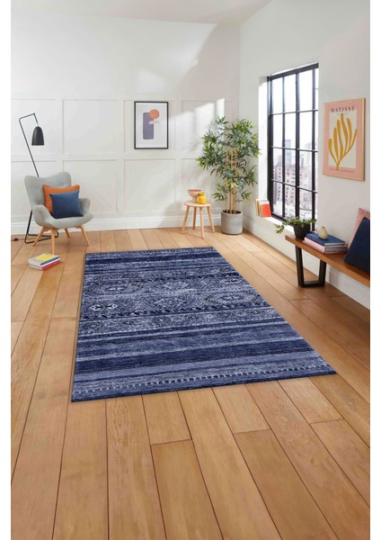 Baskılı Etnik Sade Desen Yıkanabilir Kaymaz Yolluk Mutfak Salon Halısı, Etnik-38-Lacivert,