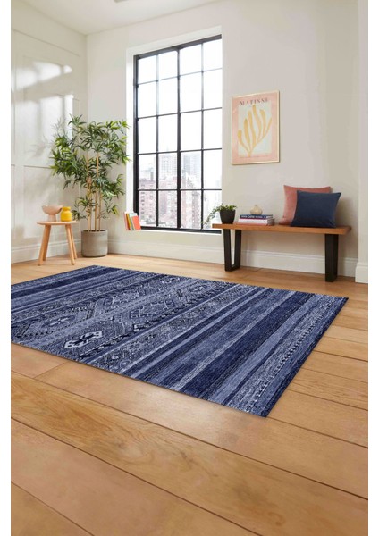 Baskılı Etnik Sade Desen Yıkanabilir Kaymaz Yolluk Mutfak Salon Halısı, Etnik-38-Lacivert,