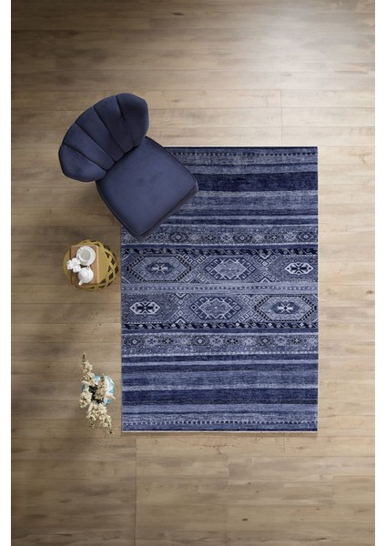 Baskılı Etnik Sade Desen Yıkanabilir Kaymaz Yolluk Mutfak Salon Halısı, Etnik-38-Lacivert,