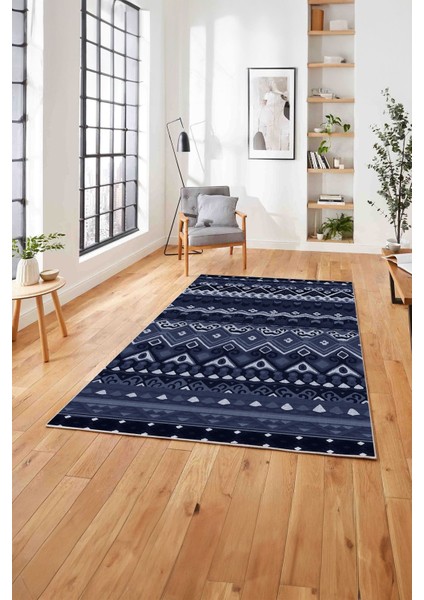 Baskılı Etnik Otantik Desen Görünüm Yıkanabilir Kaymaz Yolluk Mutfak Salon Halısı,Etnik-39-Lacivert,
