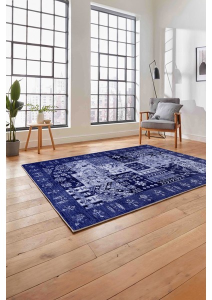 Baskılı Etnik Modern Desen Yıkanabilir Kaymaz Yolluk Mutfak Salon Halısı, Etnik-43-Lacivert, fiyatları