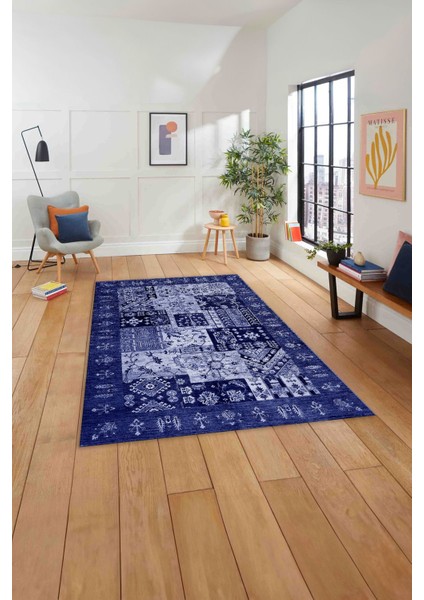 Baskılı Etnik Modern Desen Yıkanabilir Kaymaz Yolluk Mutfak Salon Halısı, Etnik-43-Lacivert, modelleri