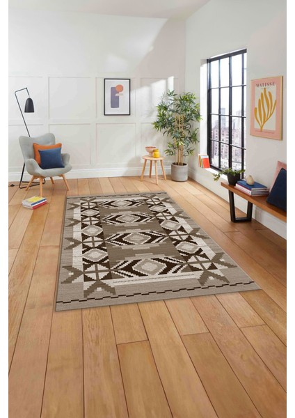 Etnik Modern Dijital Baskı Yıkanabilir Kaymaz Yolluk Mutfak Salon Halısı, Etnik-27-Kahve,