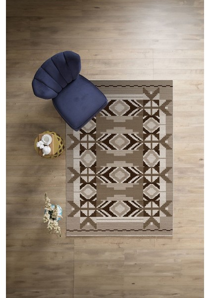 Etnik Modern Dijital Baskı Yıkanabilir Kaymaz Yolluk Mutfak Salon Halısı, Etnik-27-Kahve,