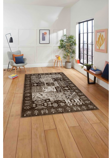 Baskılı Etnik Modern Desen Yıkanabilir Kaymaz Yolluk Mutfak Salon Halısı, Etnik-43-Kahve, modelleri